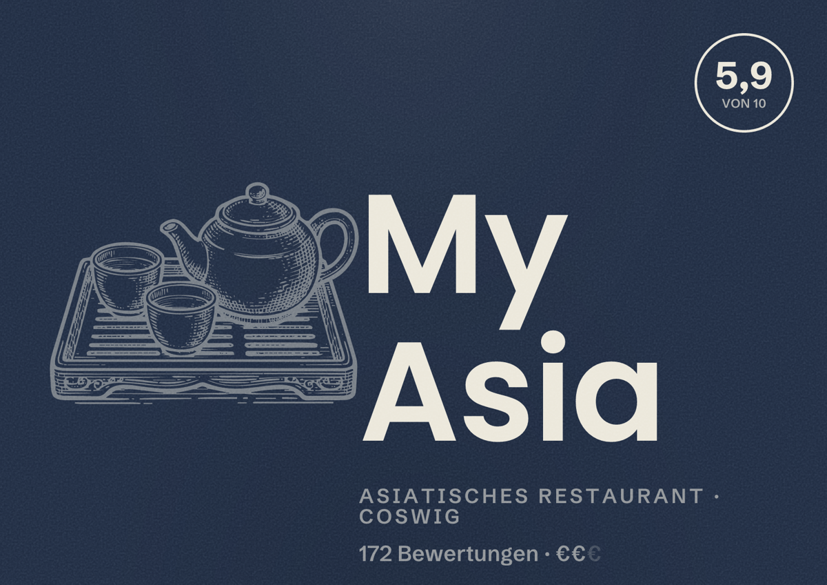 Illustriertes Poster von My Asia, Asiatisches Restaurant in Coswig: Bewertung 5,9 von 10 aus 172 Bewertungen, Preisniveau €€