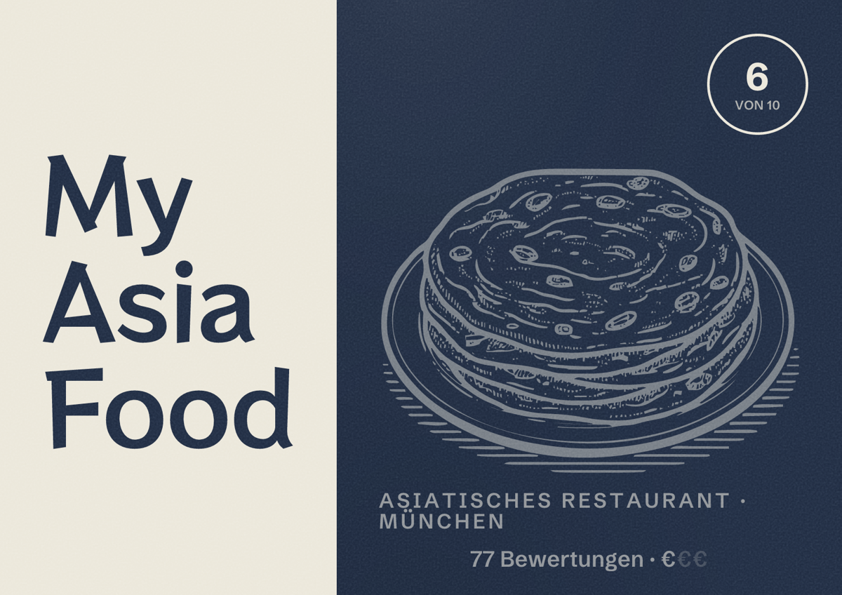Illustriertes Poster von My Asia Food, Asiatisches Restaurant in München: Bewertung 6,0 von 10 aus 77 Bewertungen, Preisniveau €