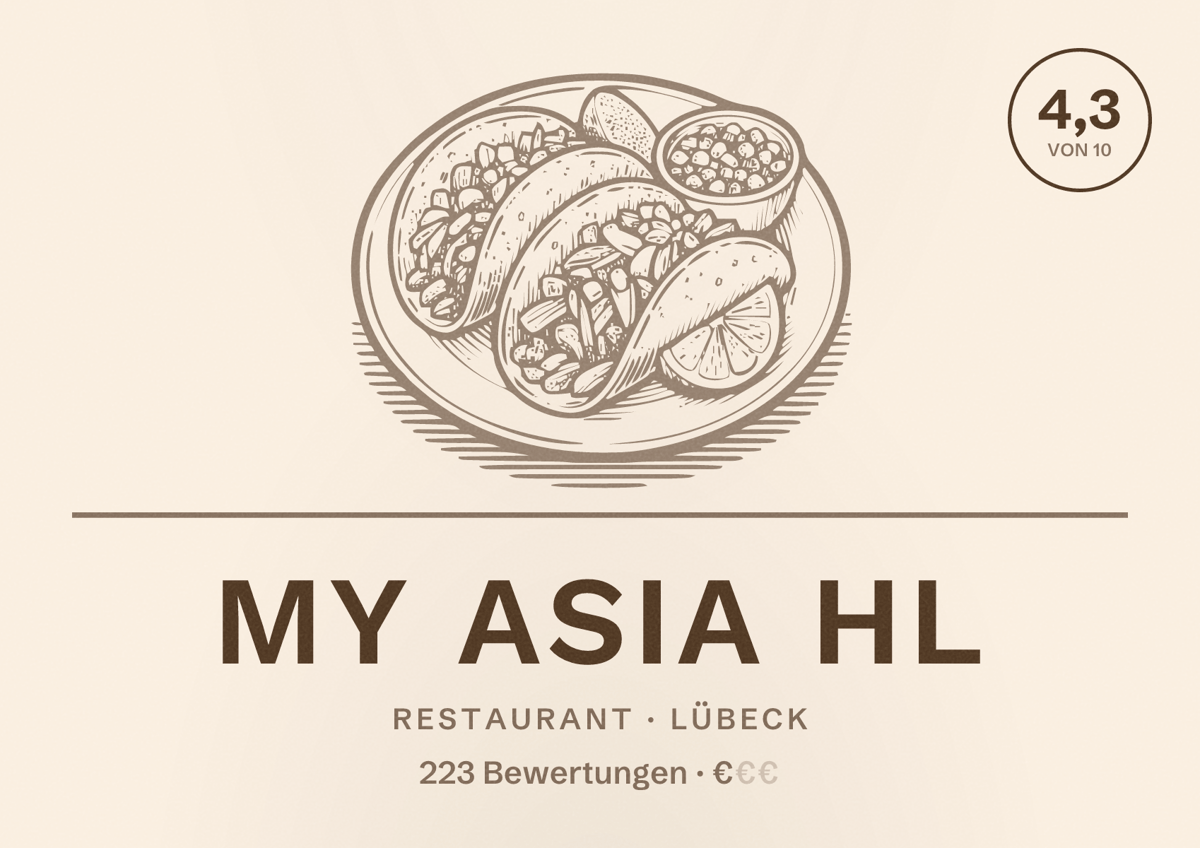 Illustriertes Poster von my asia hl, Restaurant in Lübeck: Bewertung 4,3 von 10 aus 223 Bewertungen, Preisniveau €
