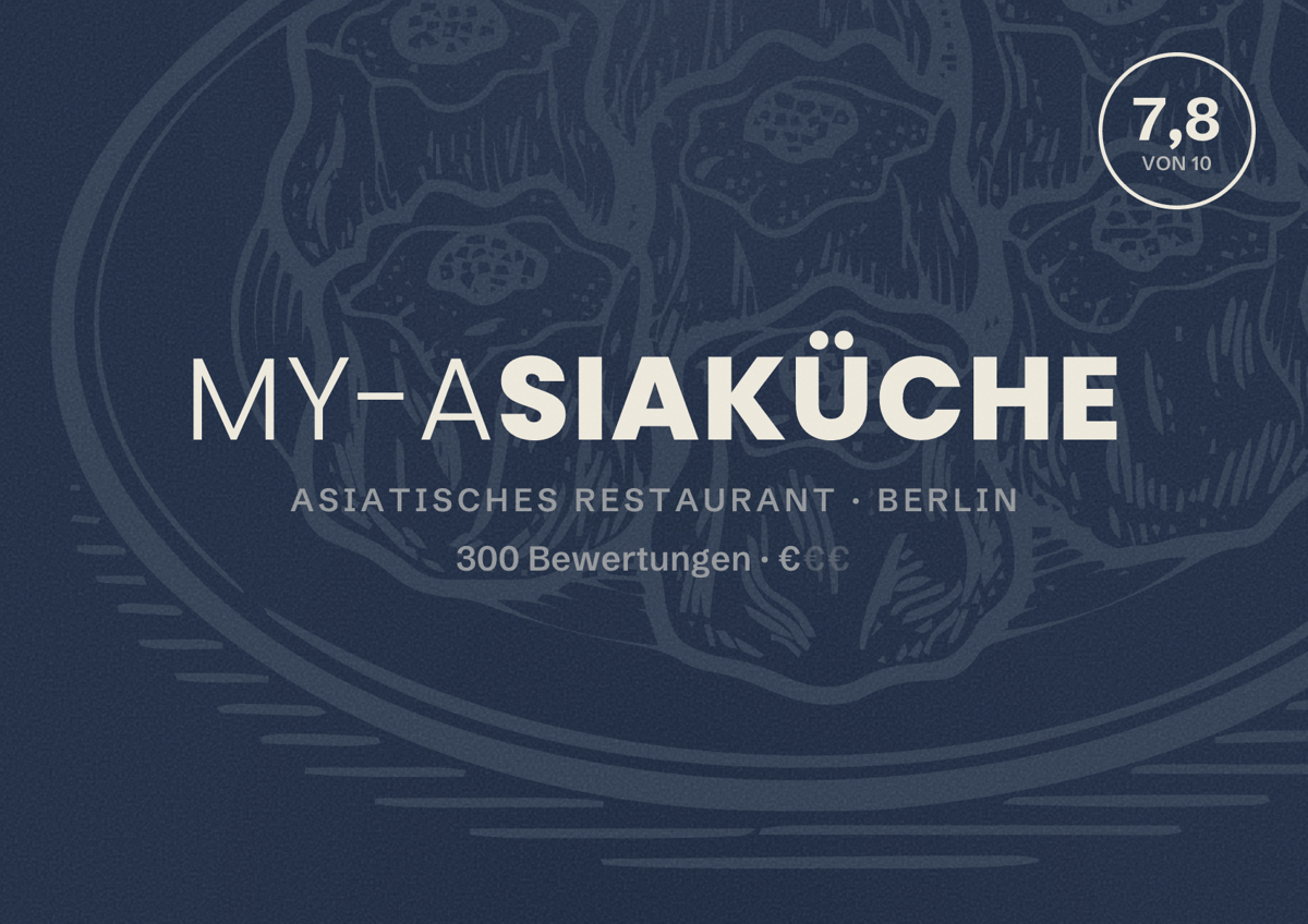 Illustriertes Poster von My-Asiaküche, Asiatisches Restaurant in Berlin: Bewertung 7,8 von 10 aus 300 Bewertungen, Preisniveau €