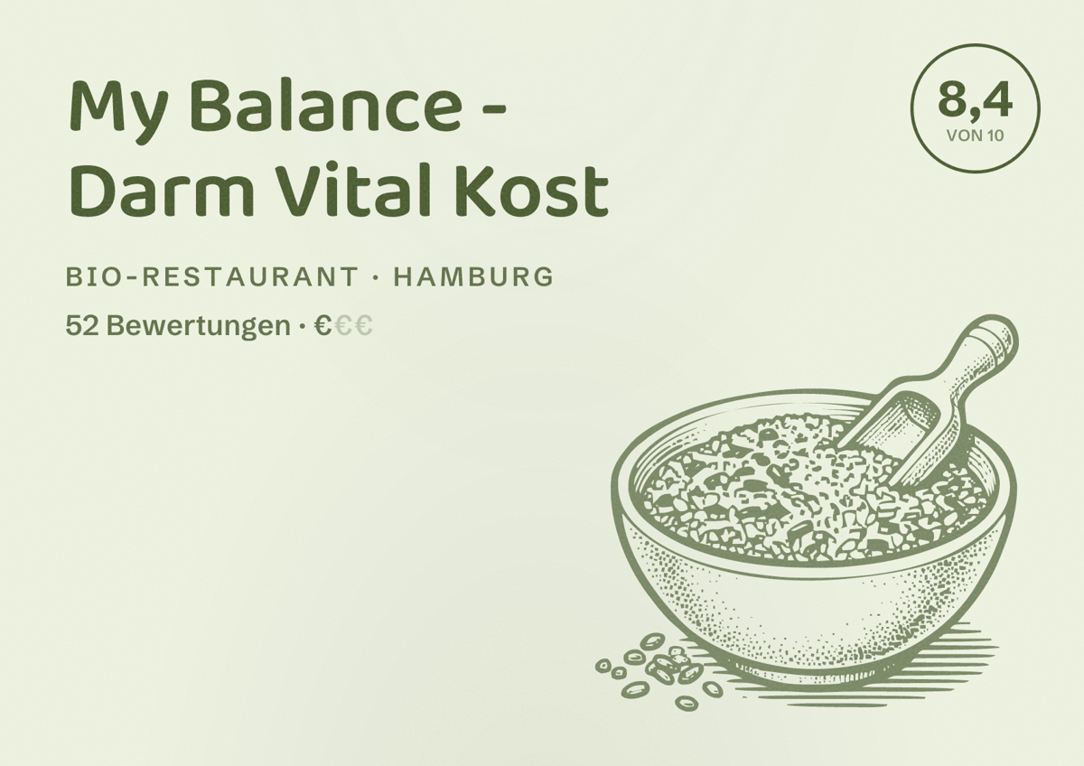 Illustriertes Poster von My Balance - Darm Vital Kost, Bio-Restaurant in Hamburg: Bewertung 8,4 von 10 aus 52 Bewertungen, Preisniveau €