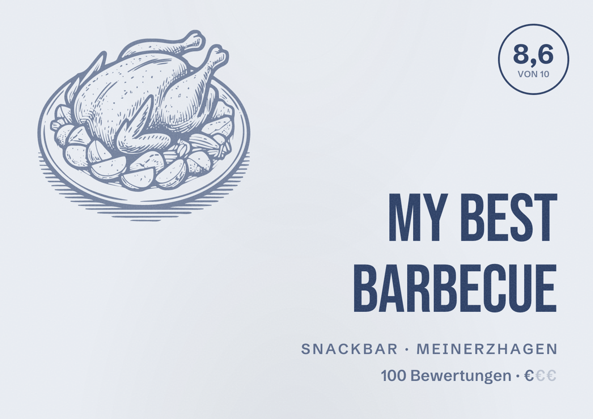 Illustriertes Poster von My best Barbecue, Snackbar in Meinerzhagen: Bewertung 8,6 von 10 aus 100 Bewertungen, Preisniveau €