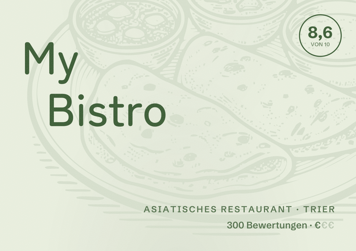 Illustriertes Poster von My Bistro, Asiatisches Restaurant in Trier: Bewertung 8,6 von 10 aus 300 Bewertungen, Preisniveau €