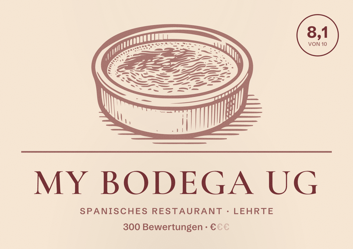 Illustriertes Poster von My bodega UG, Spanisches Restaurant in Lehrte: Bewertung 8,1 von 10 aus 300 Bewertungen, Preisniveau €