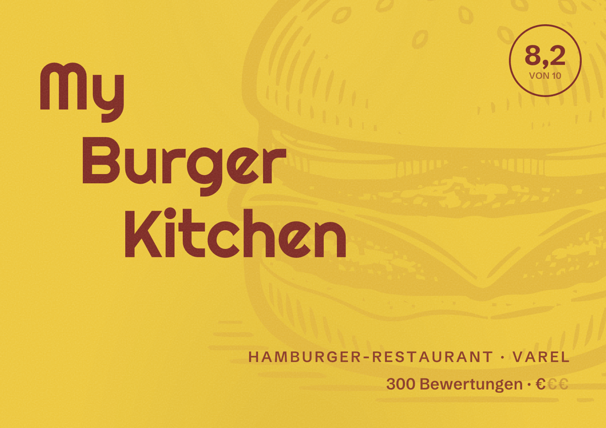 Illustriertes Poster von My Burger Kitchen, Hamburger-Restaurant in Varel: Bewertung 8,2 von 10 aus 300 Bewertungen, Preisniveau €