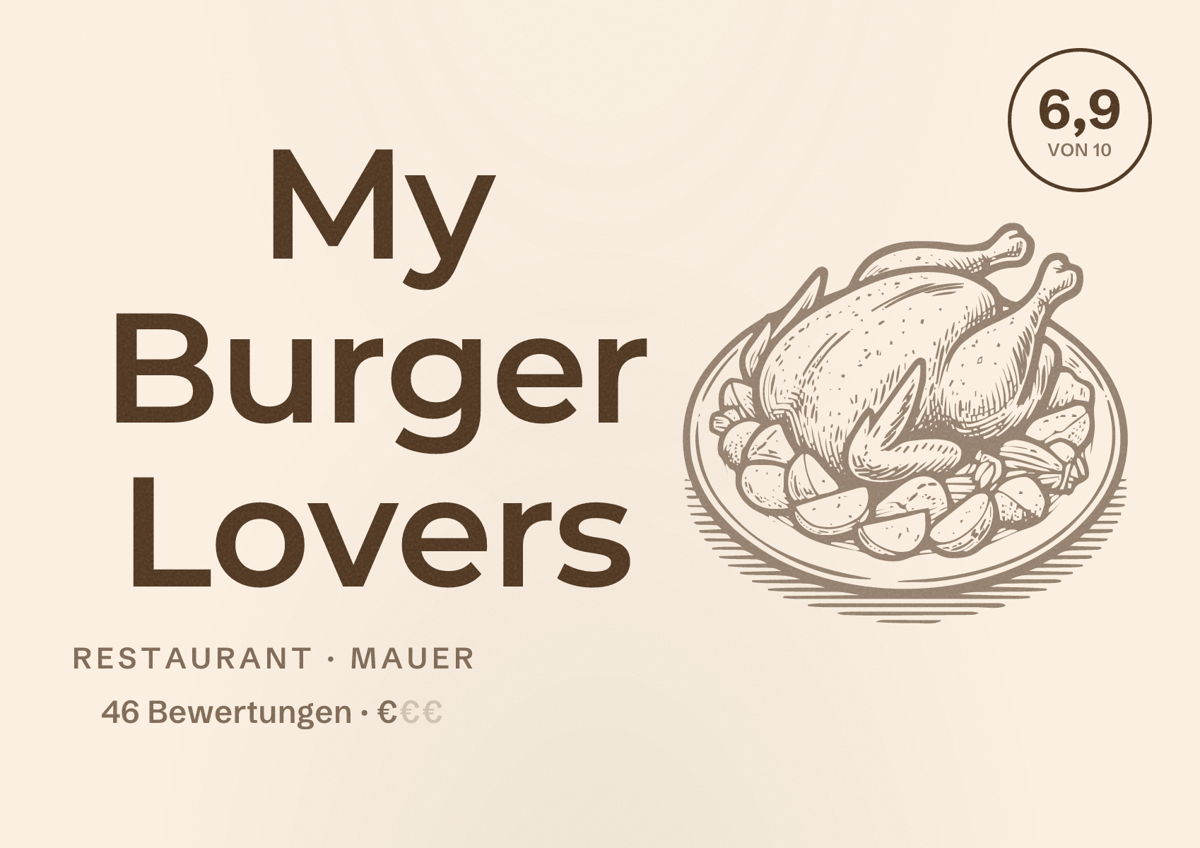 Illustriertes Poster von My Burger Lovers, Restaurant in Mauer: Bewertung 6,9 von 10 aus 46 Bewertungen, Preisniveau €