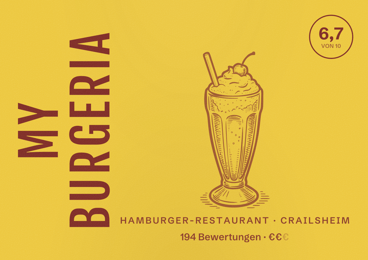 Illustriertes Poster von My BURGERIA, Hamburger-Restaurant in Crailsheim: Bewertung 6,7 von 10 aus 194 Bewertungen, Preisniveau €€