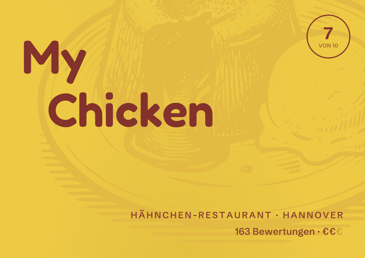 Illustriertes Poster von My Chicken, Hähnchen-Restaurant in Hannover: Bewertung 7,0 von 10 aus 163 Bewertungen, Preisniveau €€