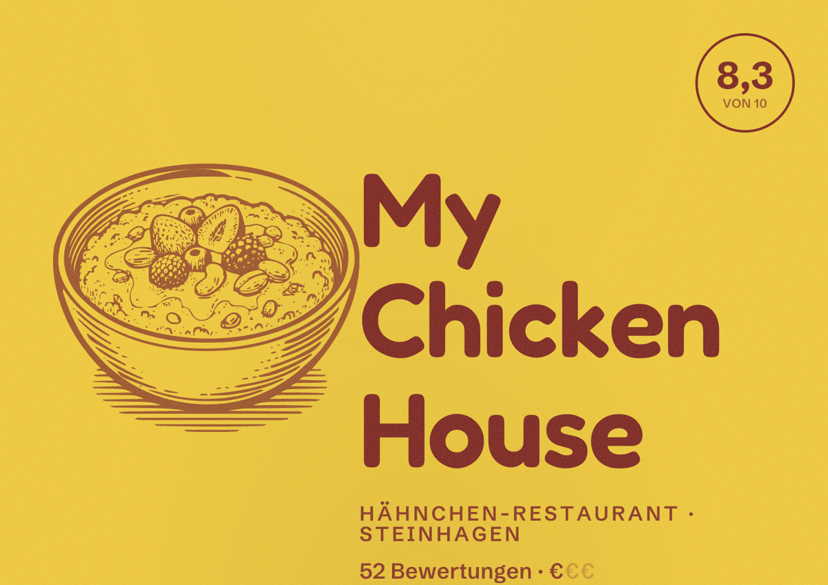 Illustriertes Poster von My Chicken House, Hähnchen-Restaurant in Steinhagen: Bewertung 8,3 von 10 aus 52 Bewertungen, Preisniveau €