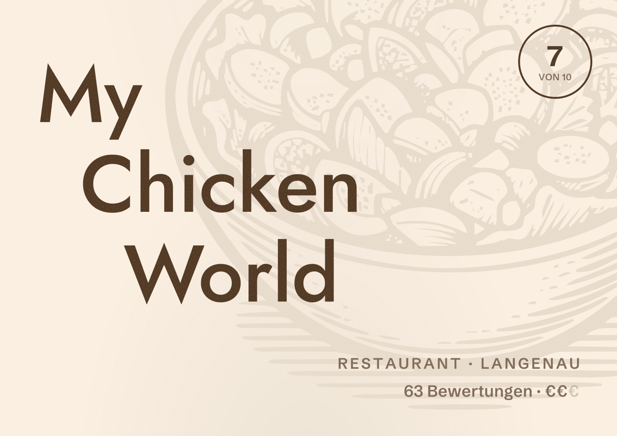 Illustriertes Poster von My Chicken World, Restaurant in Langenau: Bewertung 7 von 10 aus 63 Bewertungen, Preisniveau €€
