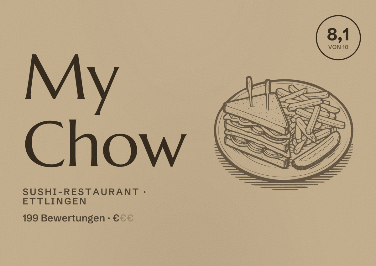 Illustriertes Poster von My Chow, Sushi-Restaurant in Ettlingen: Bewertung 8,1 von 10 aus 199 Bewertungen, Preisniveau €