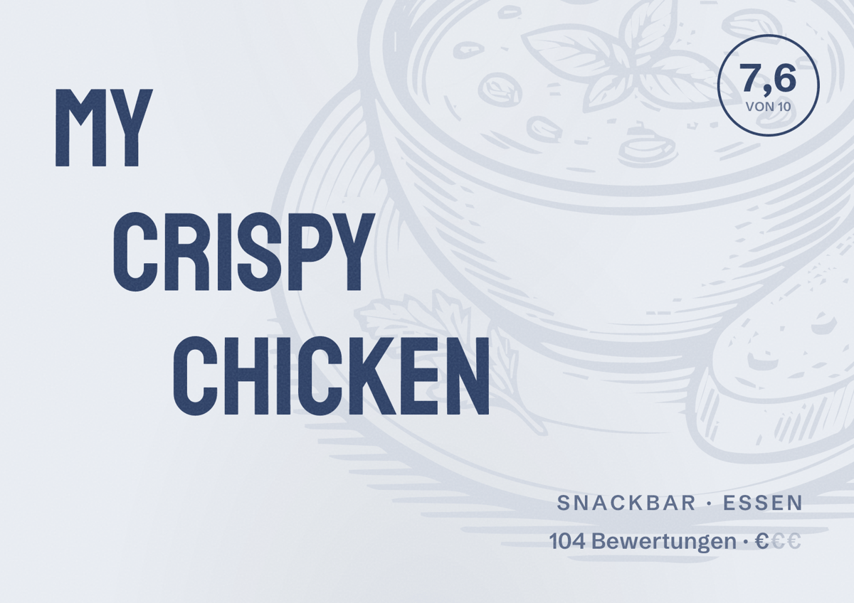 Illustriertes Poster von My Crispy Chicken, Snackbar in Essen: Bewertung 7,6 von 10 aus 104 Bewertungen, Preisniveau €