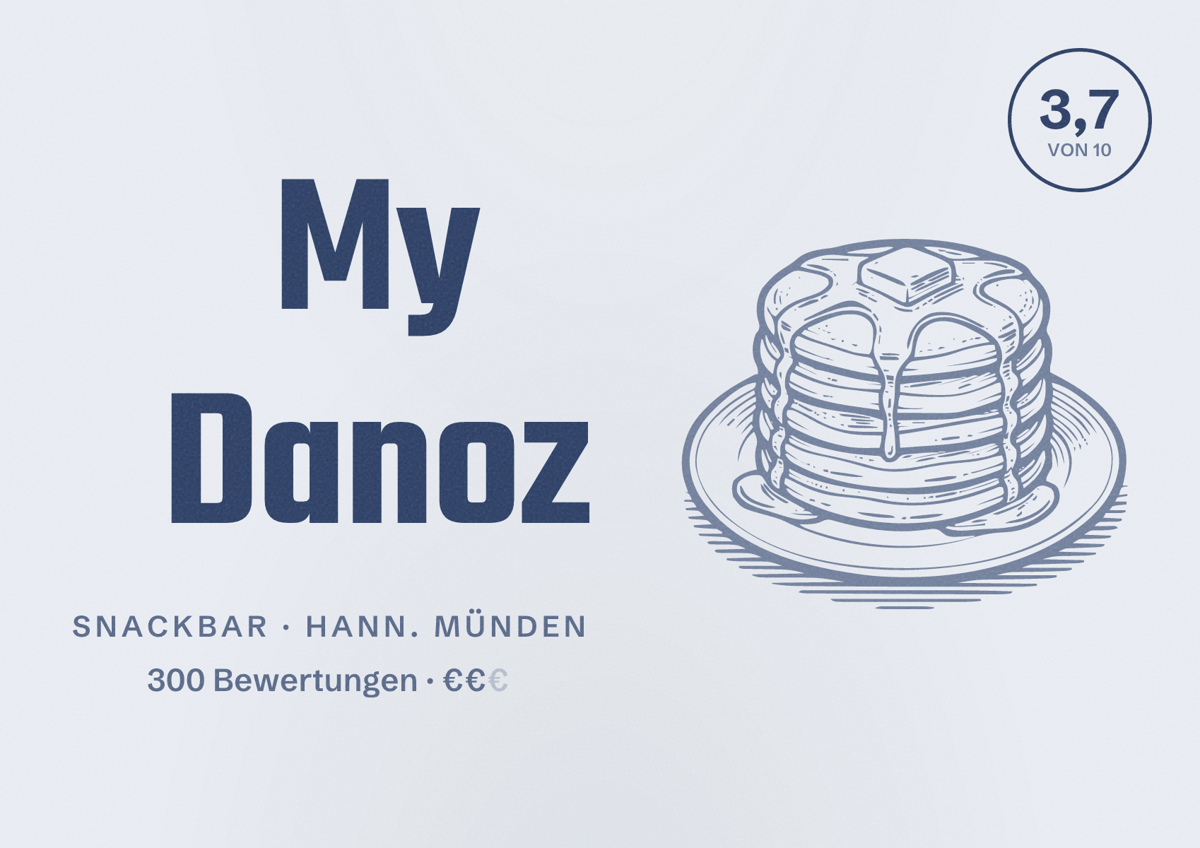 Illustriertes Poster von My Danoz, Snackbar in Hann. Münden: Bewertung 3,7 von 10 aus 300 Bewertungen, Preisniveau €€