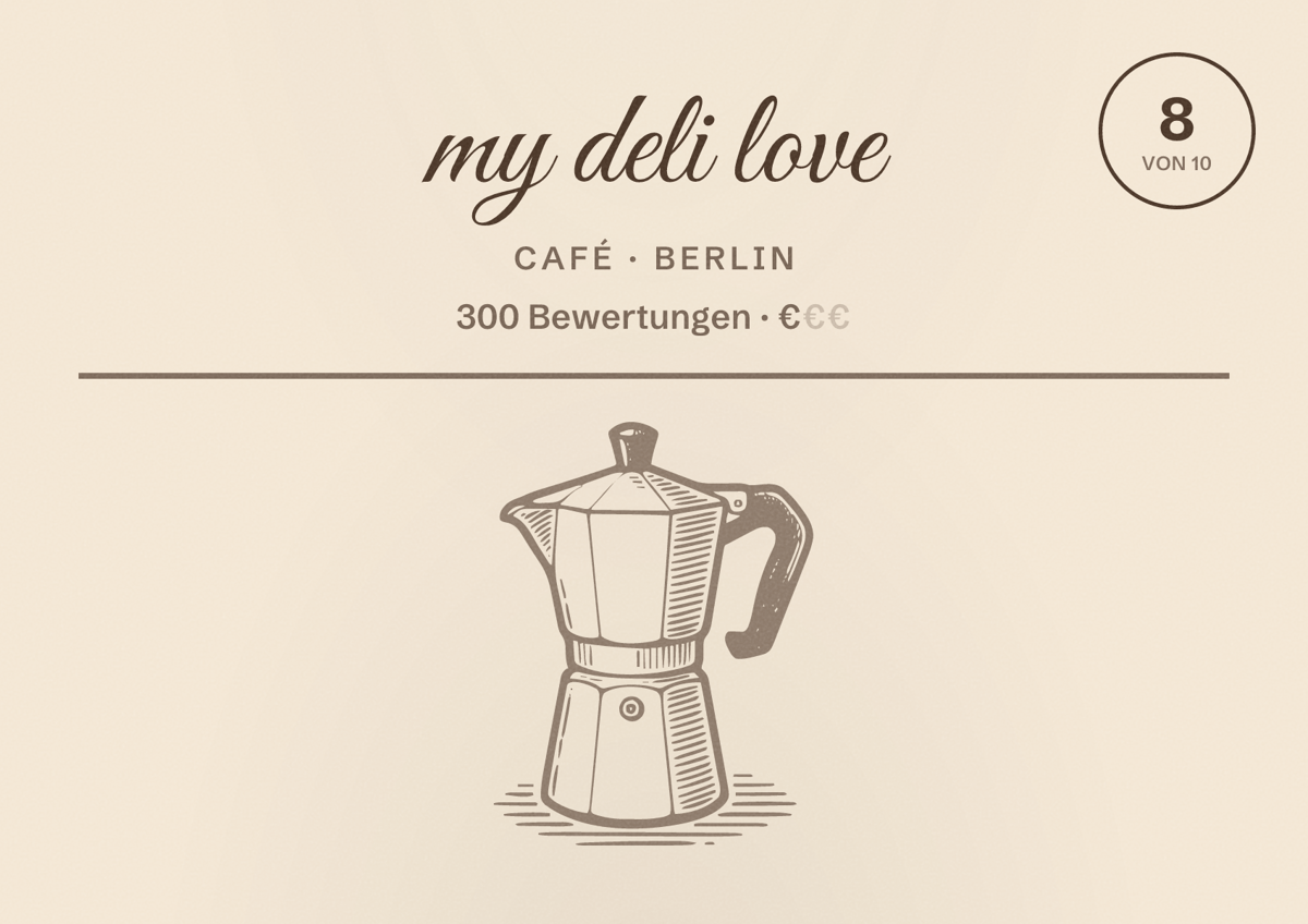 Illustriertes Poster von my deli love, Café in Berlin: Bewertung 8,0 von 10 aus 300 Bewertungen, Preisniveau €
