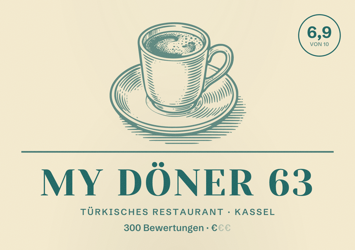 Illustriertes Poster von My Döner 63, Türkisches Restaurant in Kassel: Bewertung 6,9 von 10 aus 300 Bewertungen, Preisniveau €