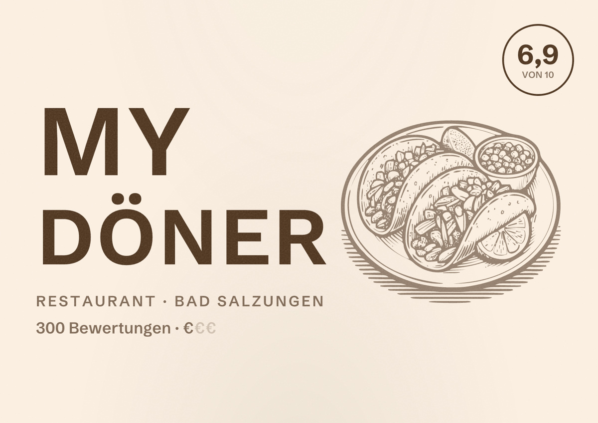 Illustriertes Poster von My Döner, Restaurant in Bad Salzungen: Bewertung 6,9 von 10 aus 300 Bewertungen, Preisniveau €