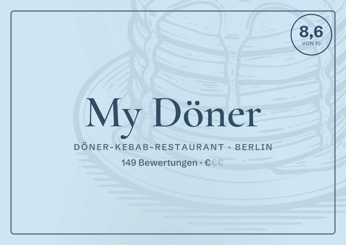 Illustriertes Poster von My Döner, Döner-Kebab-Restaurant in Berlin: Bewertung 8,6 von 10 aus 149 Bewertungen, Preisniveau €
