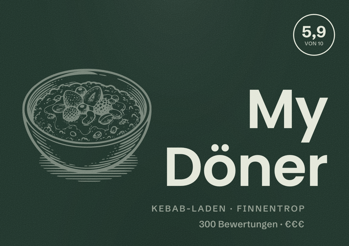 Illustriertes Poster von My Döner, Kebab-Laden in Finnentrop: Bewertung 5,9 von 10 aus 300 Bewertungen, Preisniveau €€€