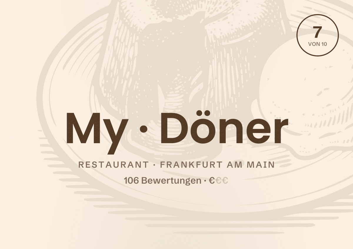Illustriertes Poster von My Döner, Restaurant in Frankfurt am Main: Bewertung 7 von 10 aus 106 Bewertungen, Preisniveau €