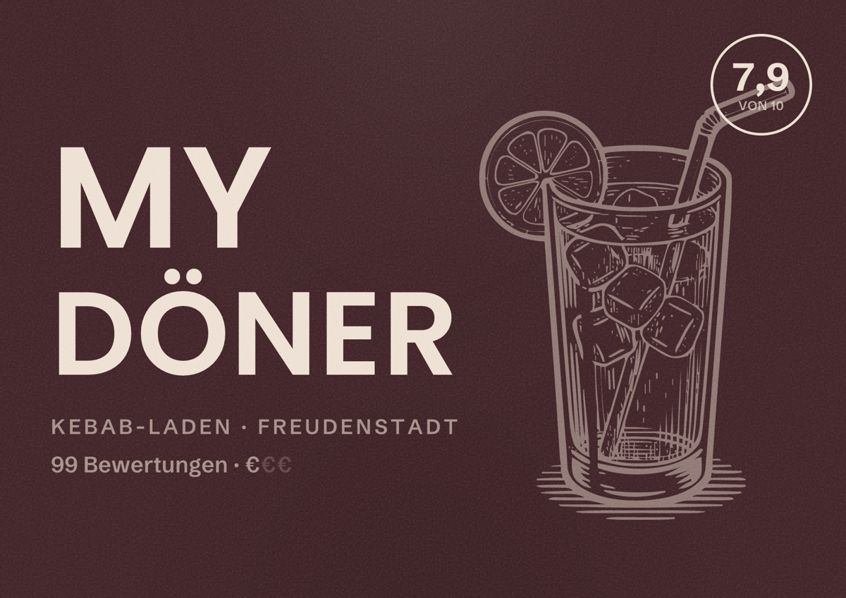 Illustriertes Poster von MY Döner, Kebab-Laden in Freudenstadt: Bewertung 7,9 von 10 aus 99 Bewertungen, Preisniveau €