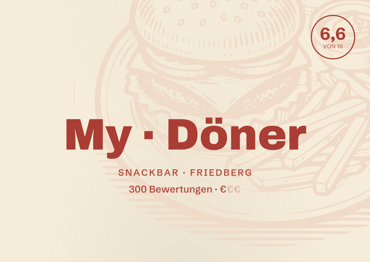 Illustriertes Poster von My Döner, Snackbar in Friedberg: Bewertung 6,6 von 10 aus 300 Bewertungen, Preisniveau €