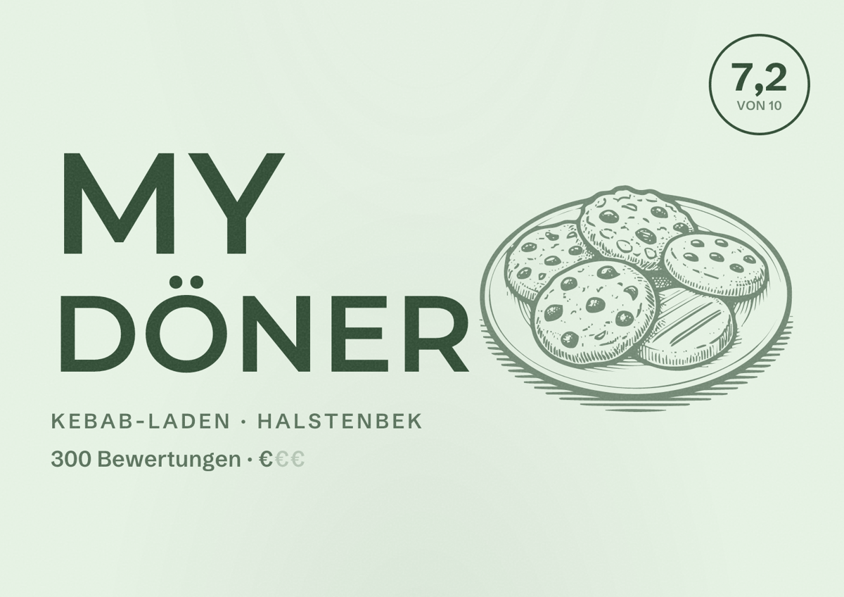 Illustriertes Poster von My Döner, Kebab-Laden in Halstenbek: Bewertung 7,2 von 10 aus 300 Bewertungen, Preisniveau €