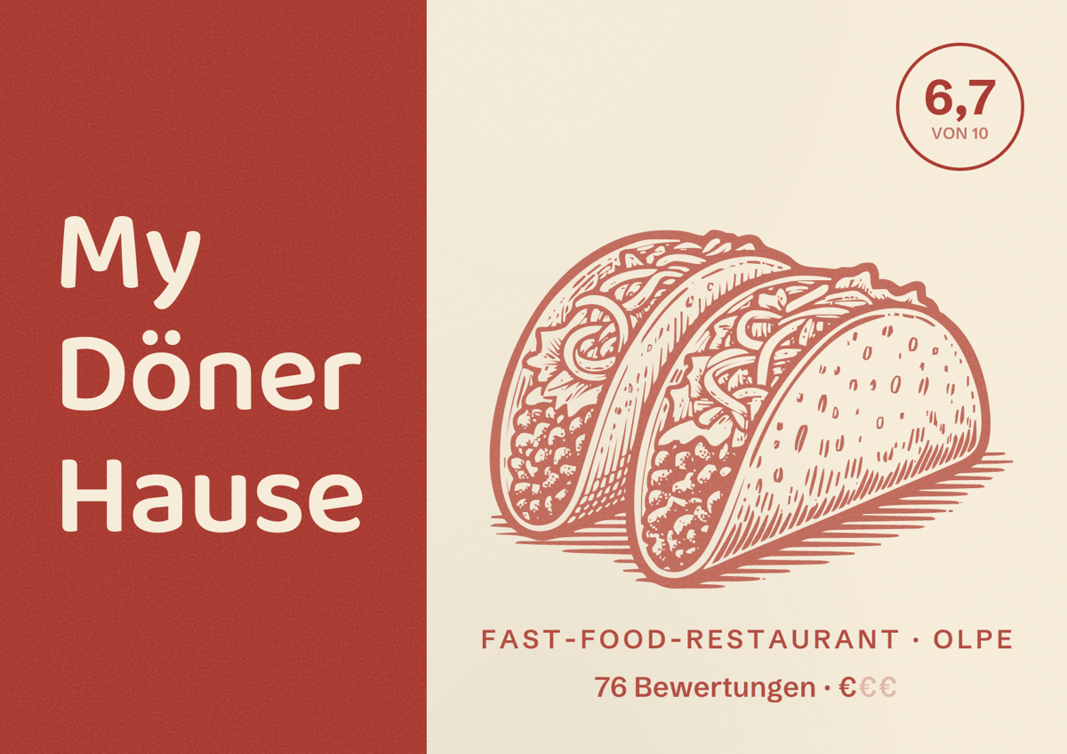 Illustriertes Poster von My Döner Hause, Fast-Food-Restaurant in Olpe: Bewertung 6,7 von 10 aus 76 Bewertungen, Preisniveau €