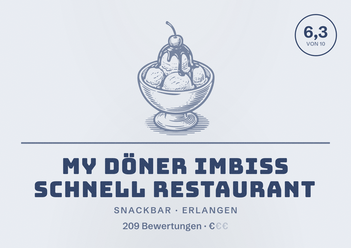 Illustriertes Poster von My Döner Imbiss Schnell Restaurant, Snackbar in Erlangen: Bewertung 6,3 von 10 aus 209 Bewertungen, Preisniveau €