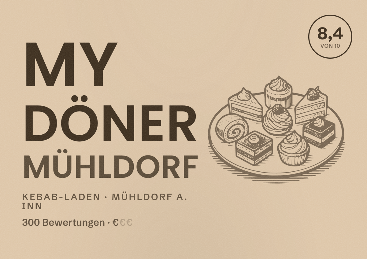 Illustriertes Poster von My Döner Mühldorf, Kebab-Laden in Mühldorf a. Inn: Bewertung 8,4 von 10 aus 300 Bewertungen, Preisniveau €