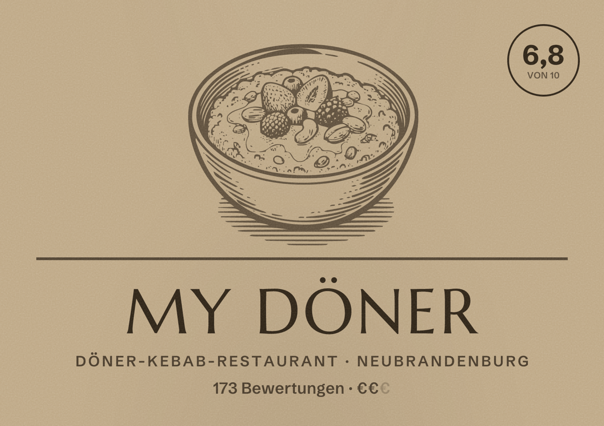 Illustriertes Poster von My Döner, Döner-Kebab-Restaurant in Neubrandenburg: Bewertung 6,8 von 10 aus 173 Bewertungen, Preisniveau €€