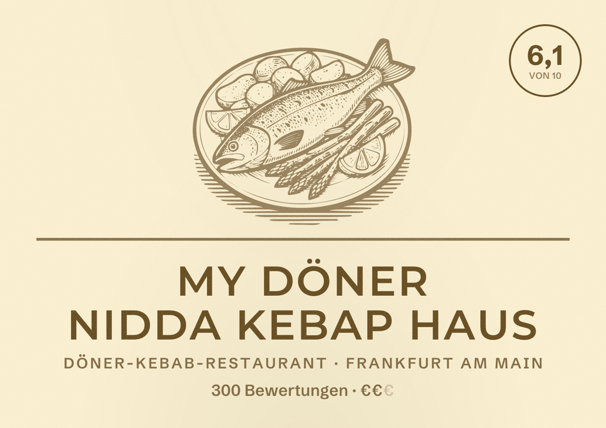 Illustriertes Poster von My Döner Nidda Kebap Haus, Döner-Kebab-Restaurant in Frankfurt am Main: Bewertung 6,1 von 10 aus 300 Bewertungen, Preisniveau €€