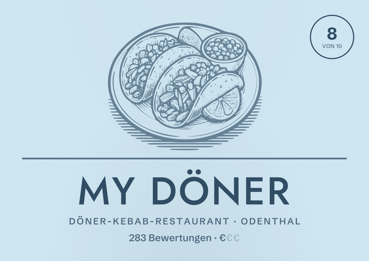Illustriertes Poster von My Döner, Döner-Kebab-Restaurant in Odenthal: Bewertung 8 von 10 aus 283 Bewertungen, Preisniveau €