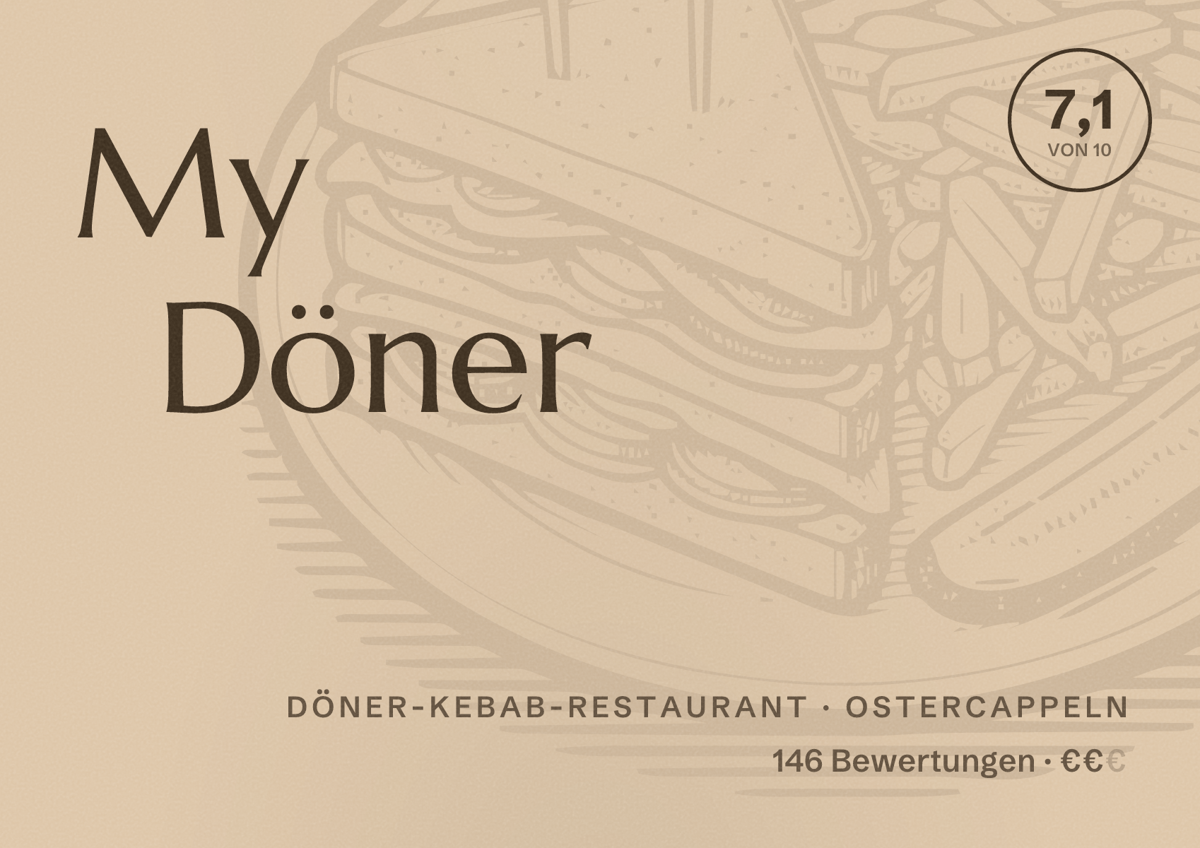 Illustriertes Poster von My Döner, Döner-Kebab-Restaurant in Ostercappeln: Bewertung 7,1 von 10 aus 146 Bewertungen, Preisniveau €€