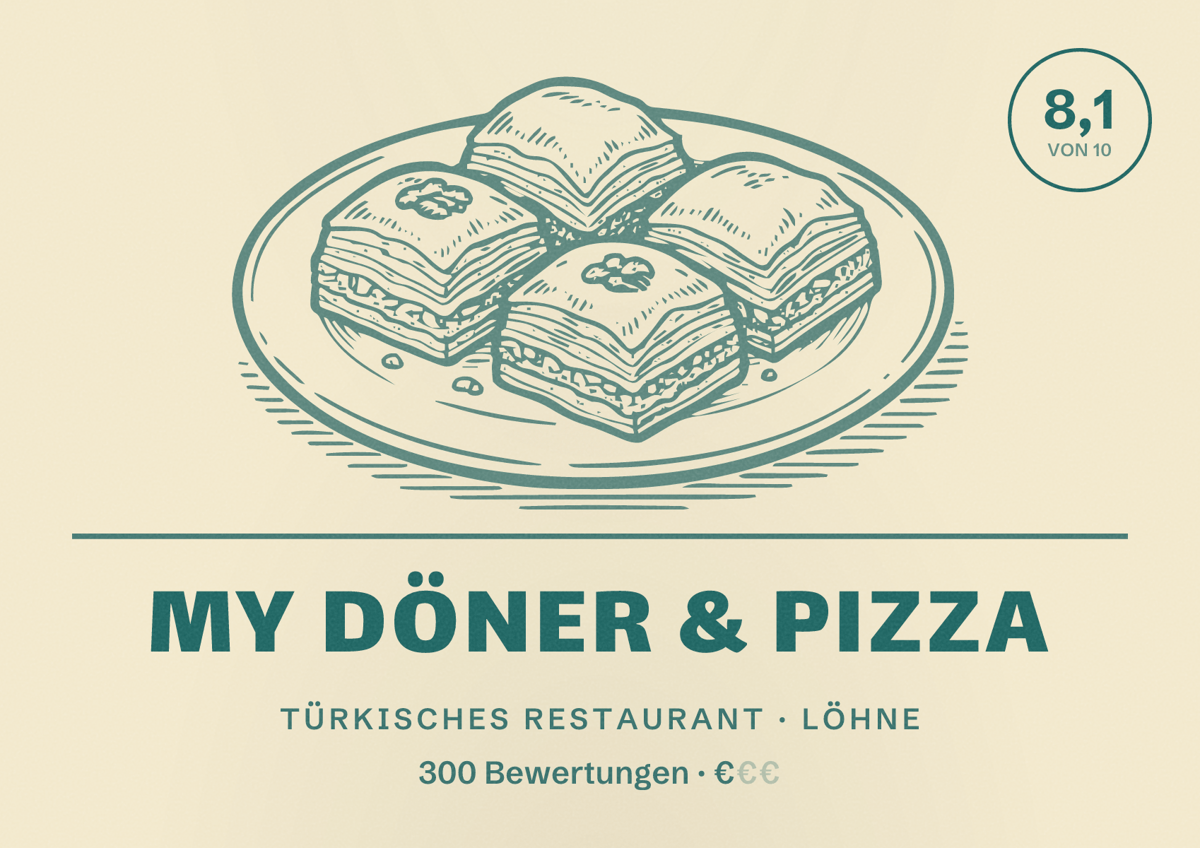 Illustriertes Poster von MY DÖNER & PIZZA, Türkisches Restaurant in Löhne: Bewertung 8,1 von 10 aus 300 Bewertungen, Preisniveau €