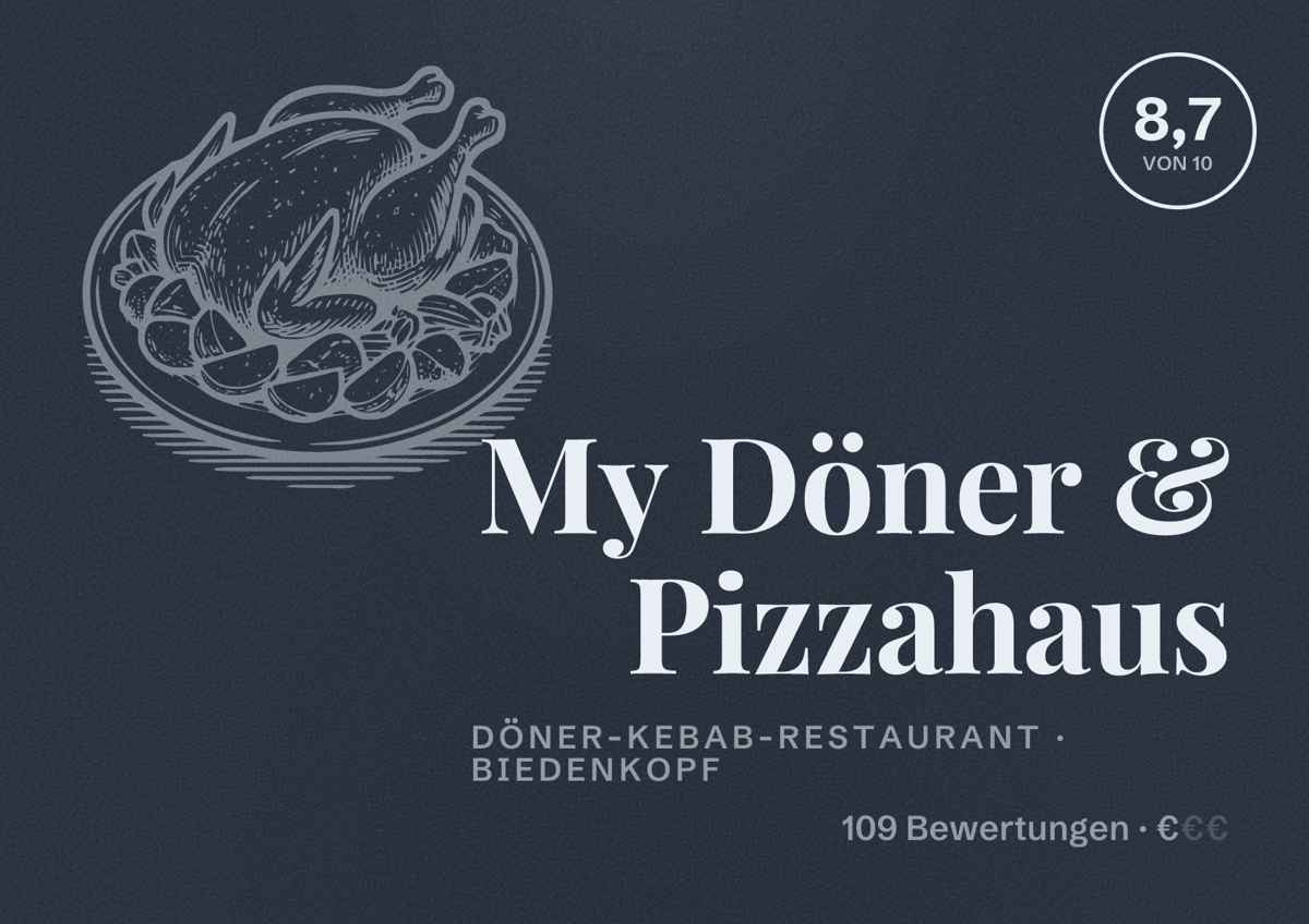 Illustriertes Poster von My Döner & Pizzahaus, Döner-Kebab-Restaurant in Biedenkopf: Bewertung 8,7 von 10 aus 109 Bewertungen, Preisniveau €
