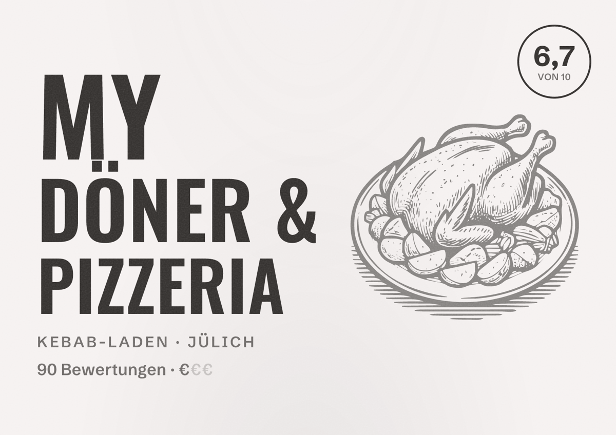 Illustriertes Poster von My Döner & Pizzeria, Kebab-Laden in Jülich: Bewertung 6,7 von 10 aus 90 Bewertungen, Preisniveau €