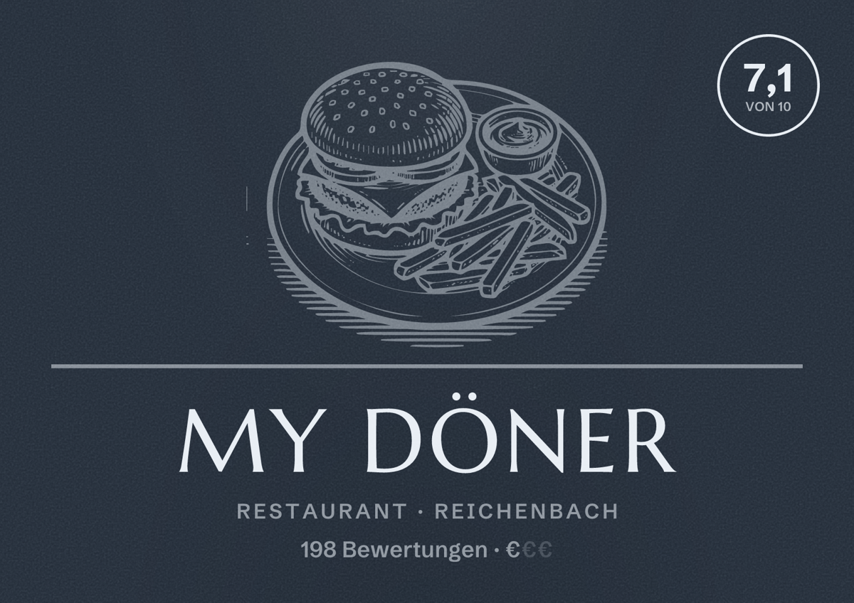 Illustriertes Poster von My döner, Restaurant in Reichenbach: Bewertung 7,1 von 10 aus 198 Bewertungen, Preisniveau €