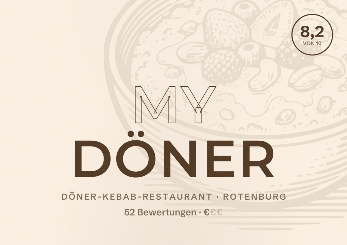 Illustriertes Poster von My Döner, Döner-Kebab-Restaurant in Rotenburg: Bewertung 8,2 von 10 aus 52 Bewertungen, Preisniveau €