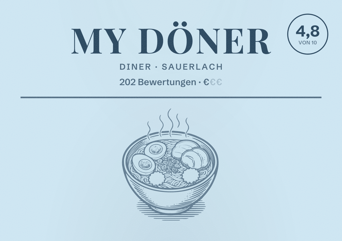 Illustriertes Poster von My Döner, Diner in Sauerlach: Bewertung 4,8 von 10 aus 202 Bewertungen, Preisniveau €