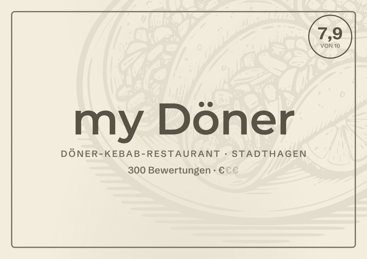 Illustriertes Poster von my Döner, Döner-Kebab-Restaurant in Stadthagen: Bewertung 7,9 von 10 aus 300 Bewertungen, Preisniveau €