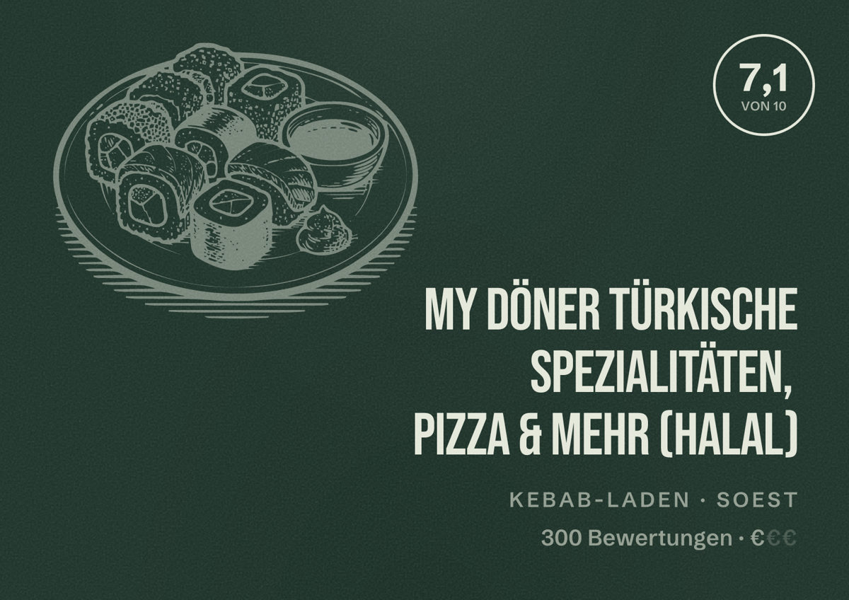 Illustriertes Poster von MY Döner Türkische Spezialitäten, Pizza & Mehr (halal), Kebab-Laden in Soest: Bewertung 7,1 von 10 aus 300 Bewertungen, Preisniveau €