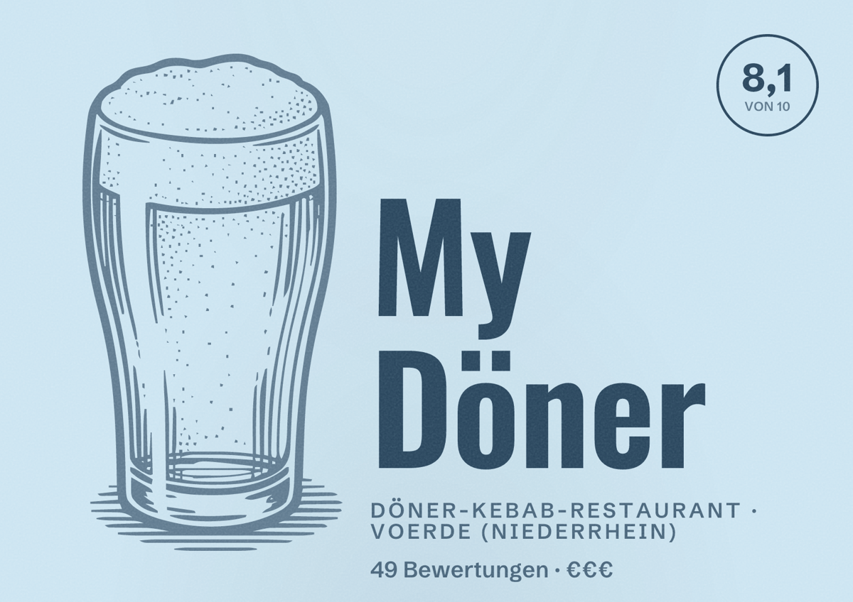 Illustriertes Poster von My Döner, Döner-Kebab-Restaurant in Voerde (Niederrhein): Bewertung 8,1 von 10 aus 49 Bewertungen, Preisniveau €€€