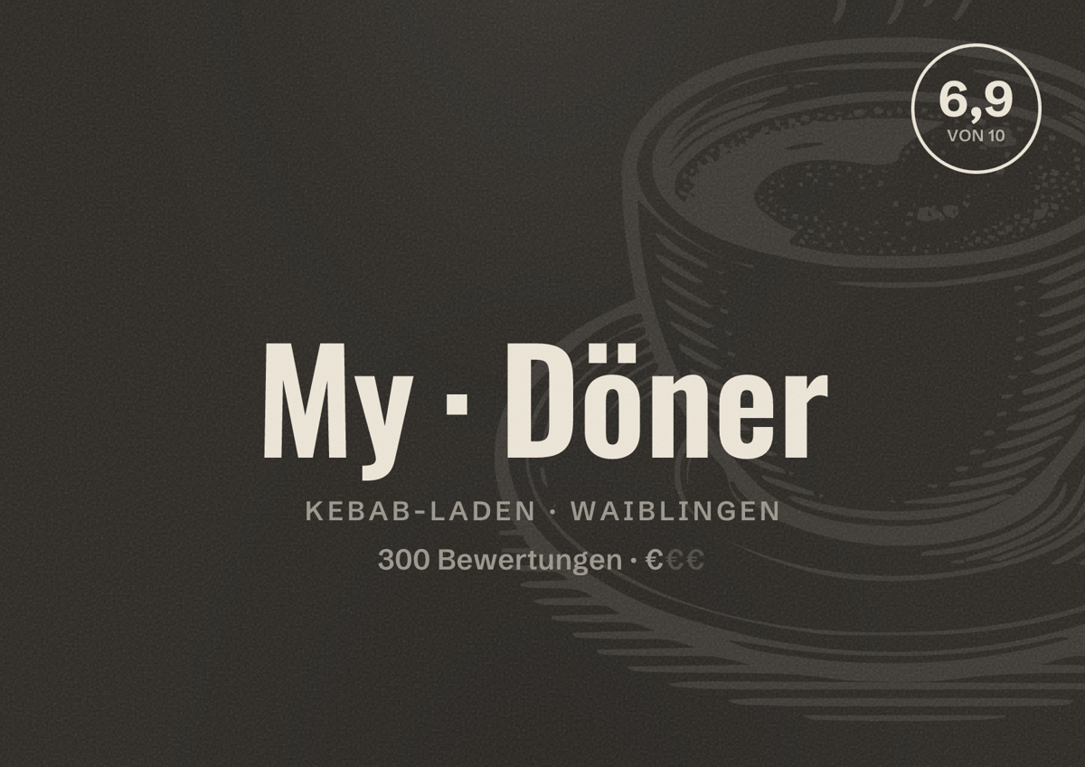 Illustriertes Poster von My Döner, Kebab-Laden in Waiblingen: Bewertung 6,9 von 10 aus 300 Bewertungen, Preisniveau €