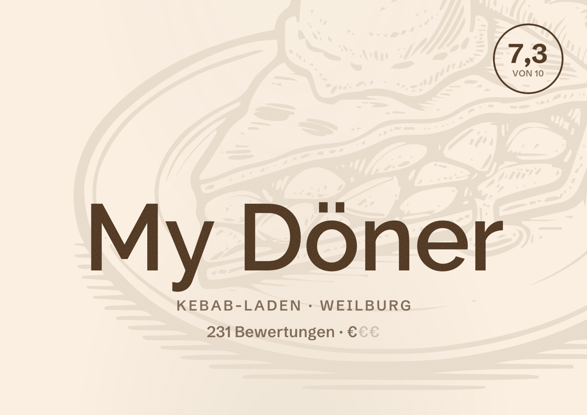 Illustriertes Poster von My Döner, Kebab-Laden in Weilburg: Bewertung 7,3 von 10 aus 231 Bewertungen, Preisniveau €