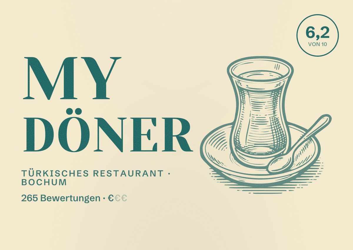 Illustriertes Poster von My Döner, Türkisches Restaurant in Bochum: Bewertung 6,2 von 10 aus 265 Bewertungen, Preisniveau €