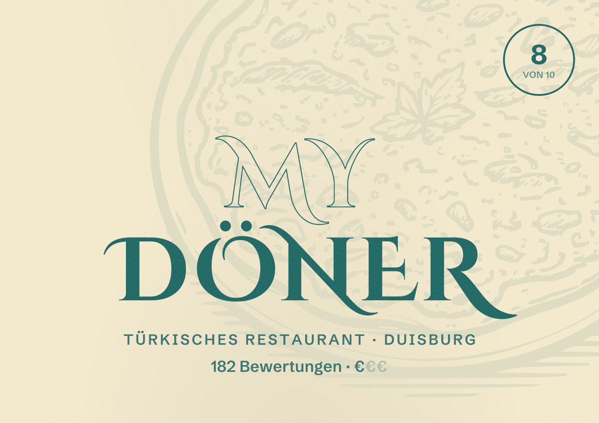 Illustriertes Poster von My Döner, Türkisches Restaurant in Duisburg: Bewertung 8 von 10 aus 182 Bewertungen, Preisniveau €