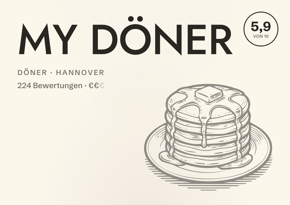 Illustriertes Poster von MY DÖNER, Döner in Hannover: Bewertung 5,9 von 10 aus 224 Bewertungen, Preisniveau €€