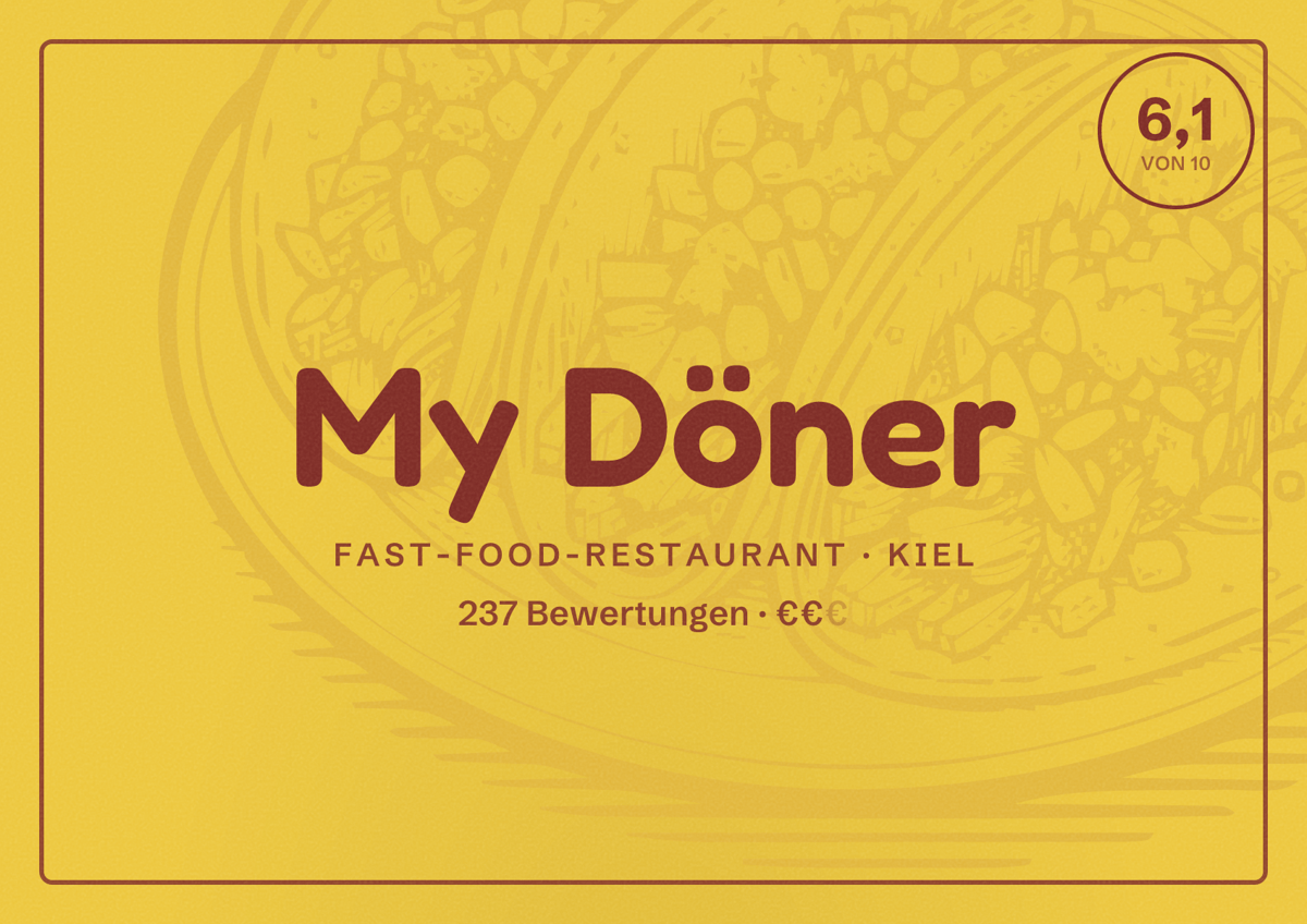 Illustriertes Poster von My Döner, Fast-Food-Restaurant in Kiel: Bewertung 6,1 von 10 aus 237 Bewertungen, Preisniveau €€