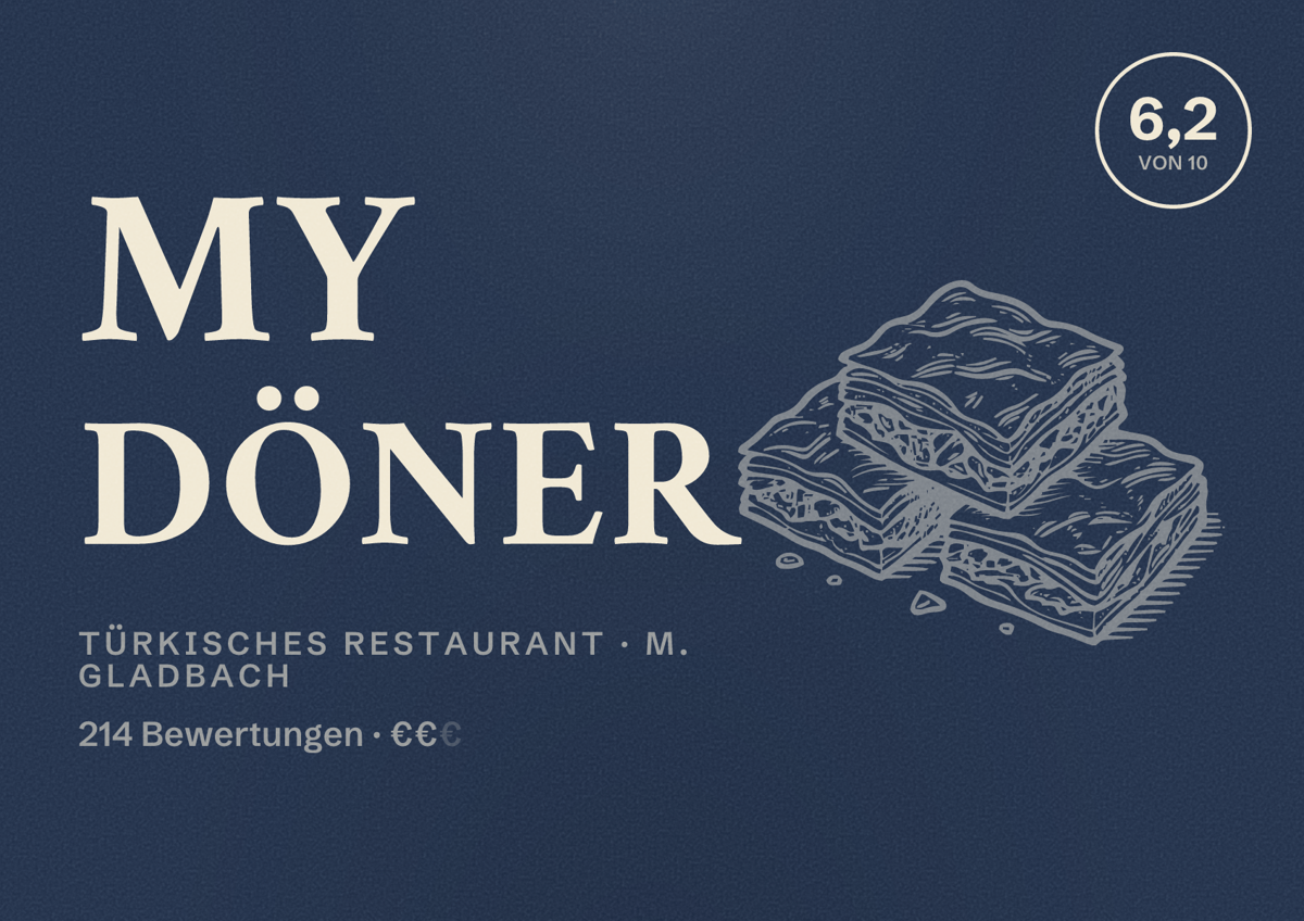 Illustriertes Poster von My Döner, Türkisches Restaurant in M. Gladbach: Bewertung 6,2 von 10 aus 214 Bewertungen, Preisniveau €€
