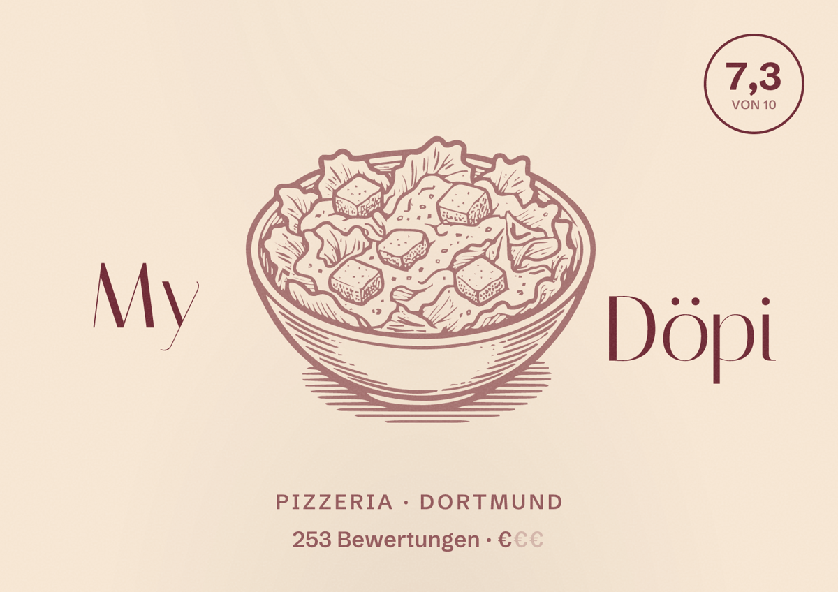 Illustriertes Poster von My Döpi, Pizzeria in Dortmund: Bewertung 7,3 von 10 aus 253 Bewertungen, Preisniveau €